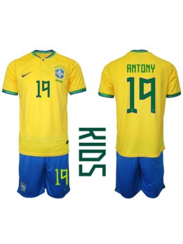 Billige Brasil Antony #19 Hjemmedraktsett Barn VM 2022 Kortermet (+ Korte bukser)
